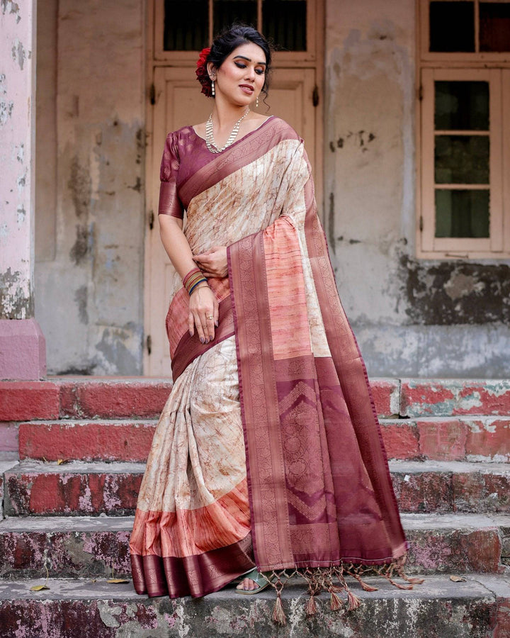 Marble-Print Banarasi Silk Saree in Deep Maroon with Zari Weaving and Tassels