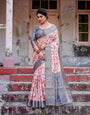 Graceful Grey Banarasi Silk Saree with Floral Elegance and Zari Accents