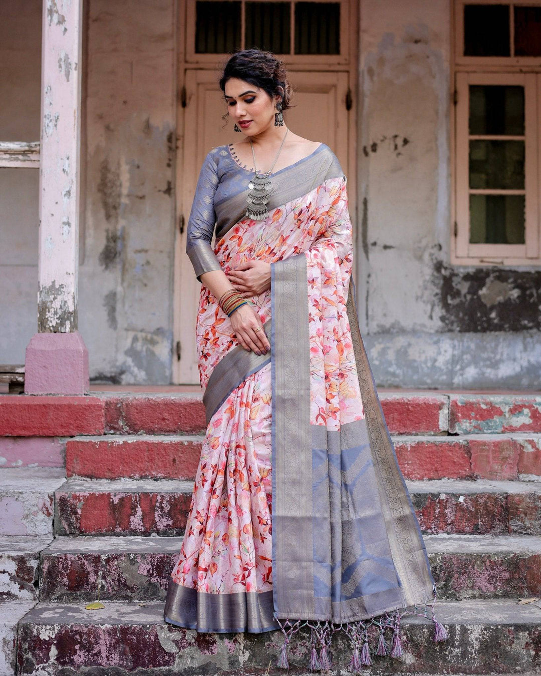 Graceful Grey Banarasi Silk Saree with Floral Elegance and Zari Accents