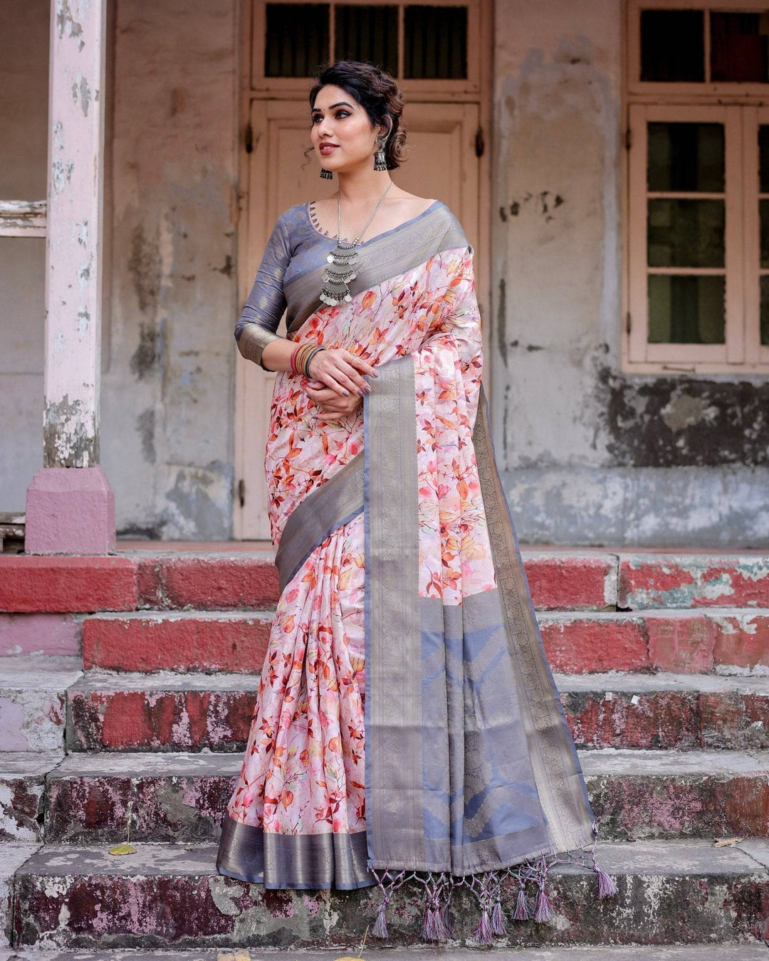 Graceful Grey Banarasi Silk Saree with Floral Elegance and Zari Accents