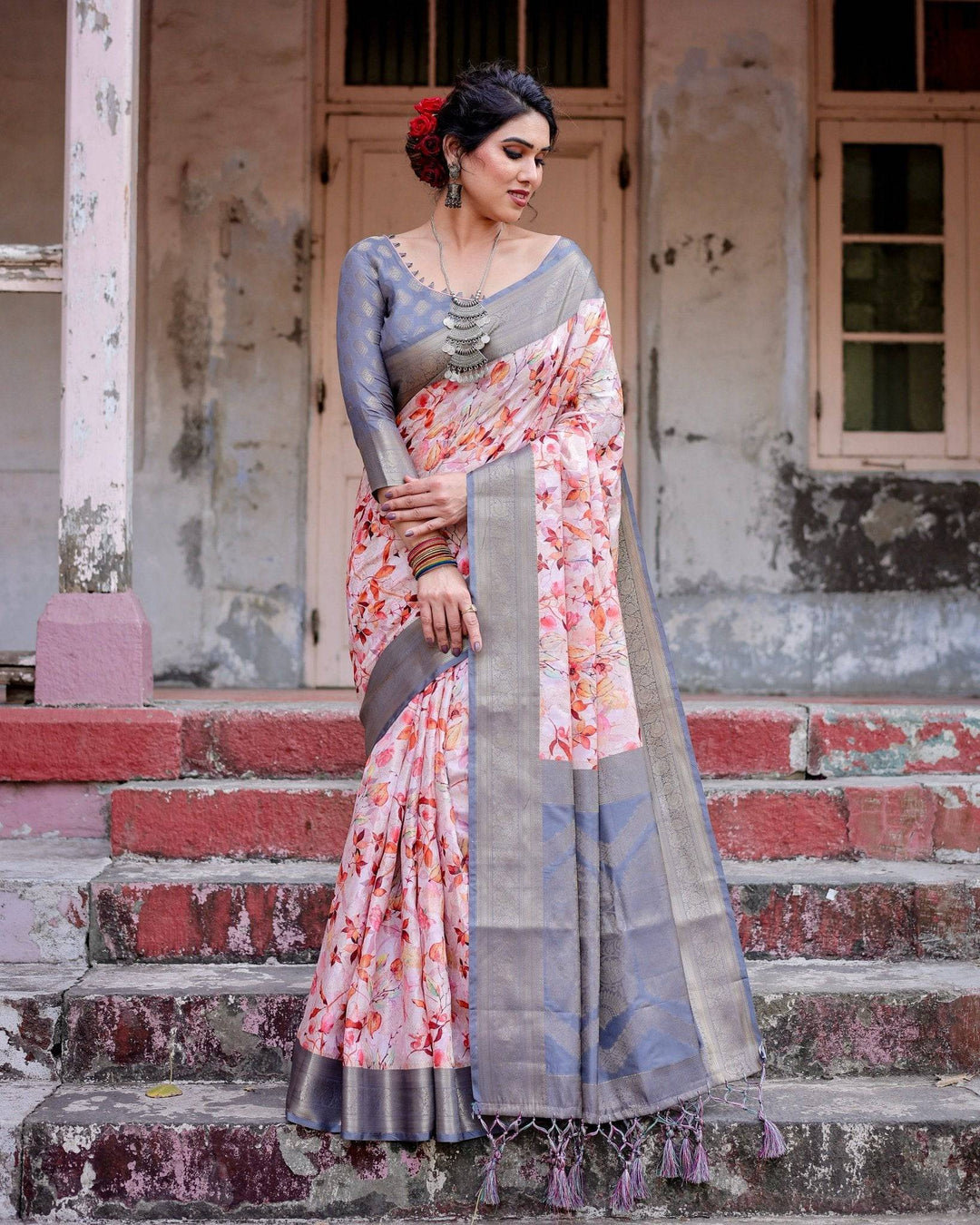 Graceful Grey Banarasi Silk Saree with Floral Elegance and Zari Accents