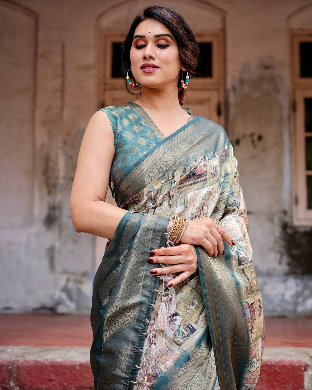 Graceful Teal Banarasi Silk Saree with Digital Vintage Prints and Zari Weaving