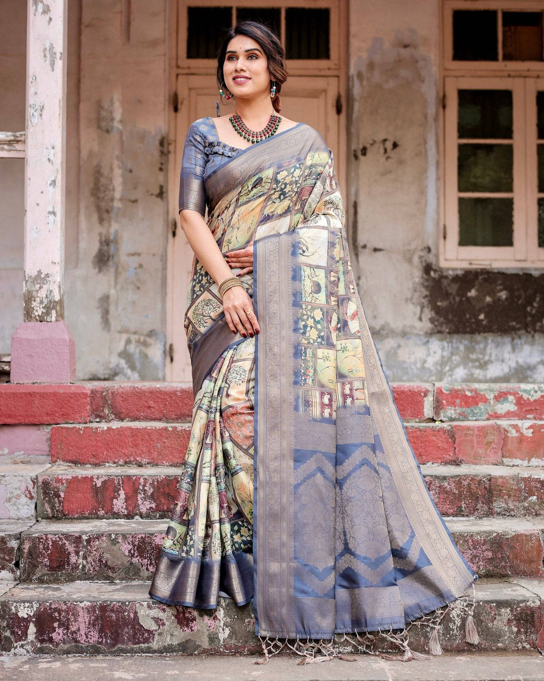 Banarasi Silk Saree in Beige with Multicolor Paisley and Floral Design