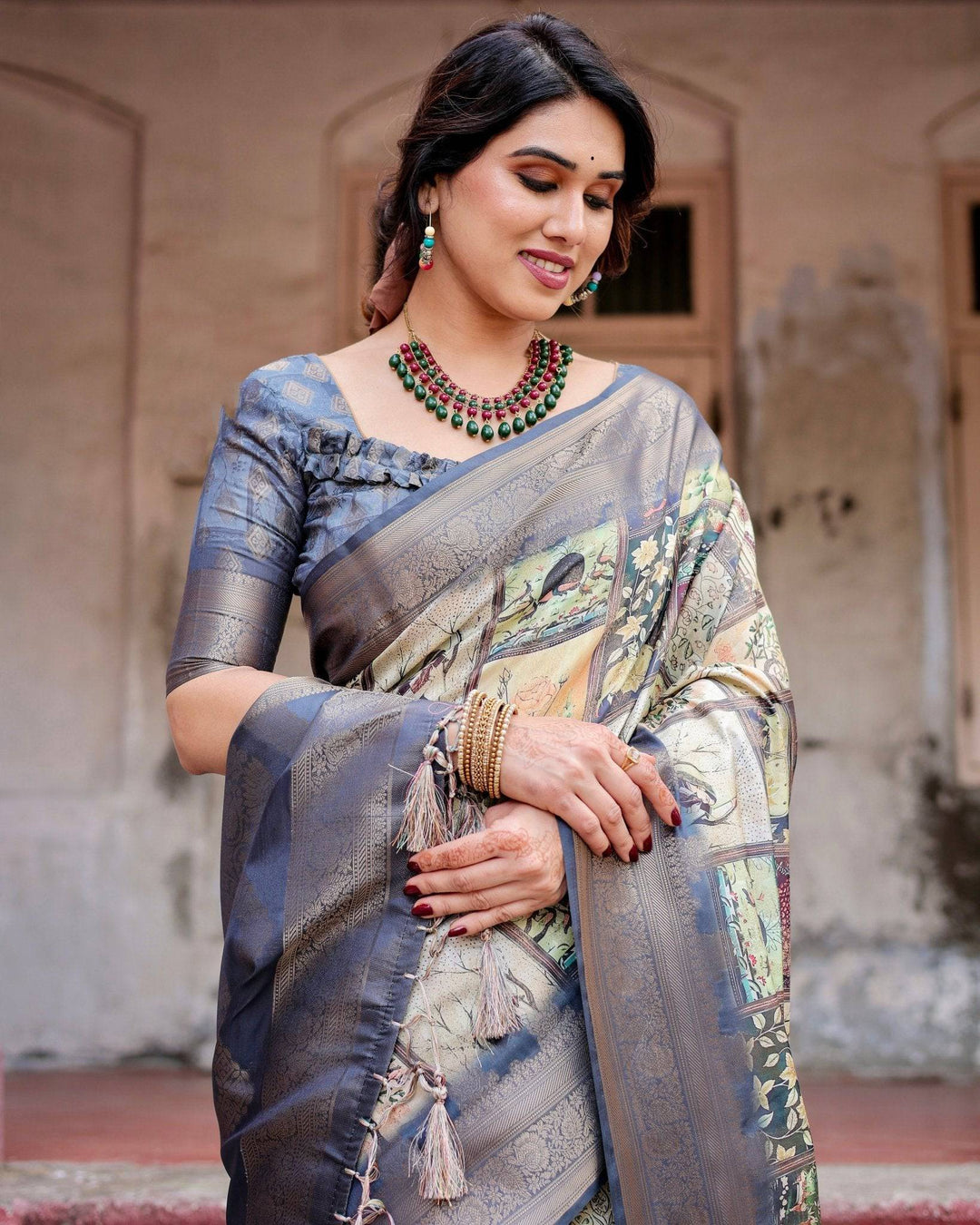 Banarasi Silk Saree in Beige with Multicolor Paisley and Floral Design