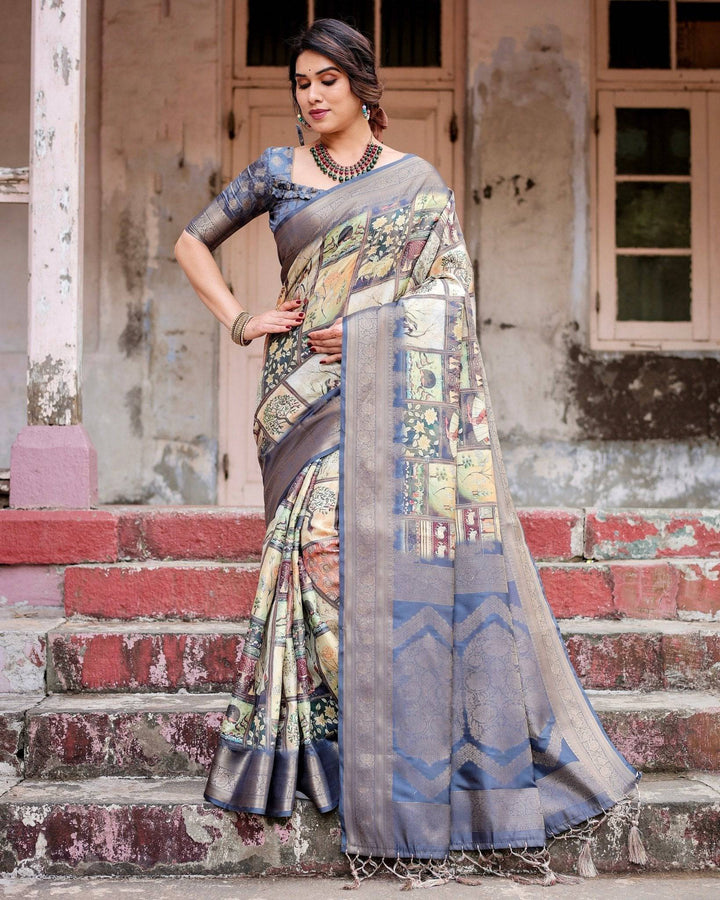 Banarasi Silk Saree in Beige with Multicolor Paisley and Floral Design