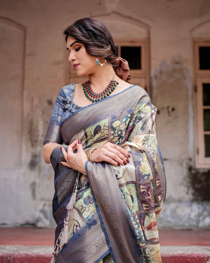 Banarasi Silk Saree in Beige with Multicolor Paisley and Floral Design