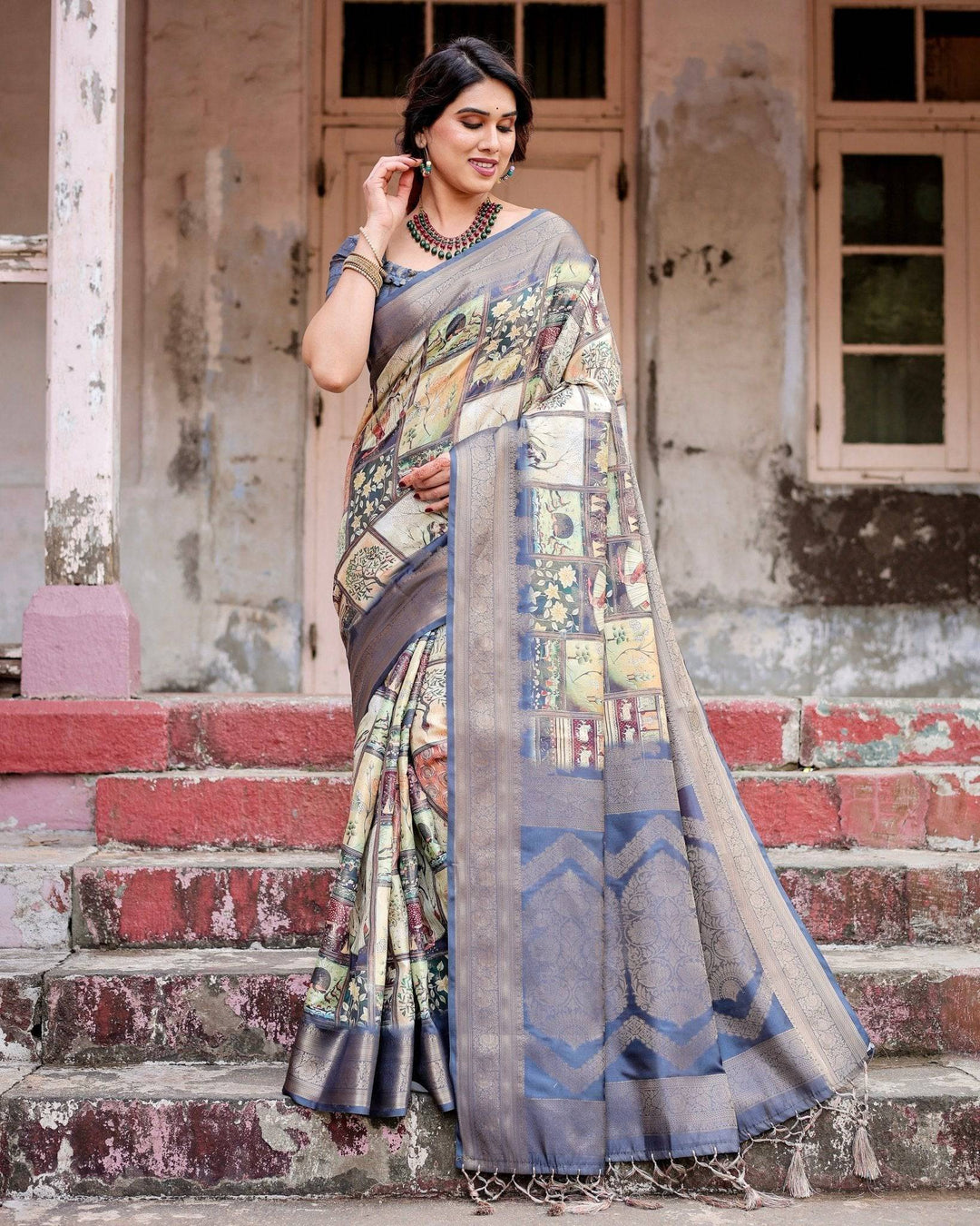 Banarasi Silk Saree in Beige with Multicolor Paisley and Floral Design