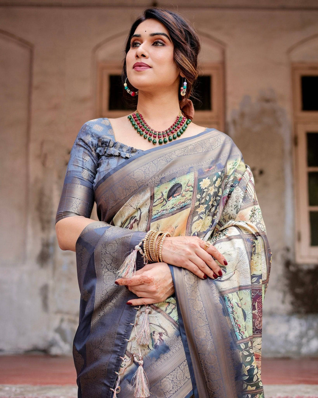 Banarasi Silk Saree in Beige with Multicolor Paisley and Floral Design