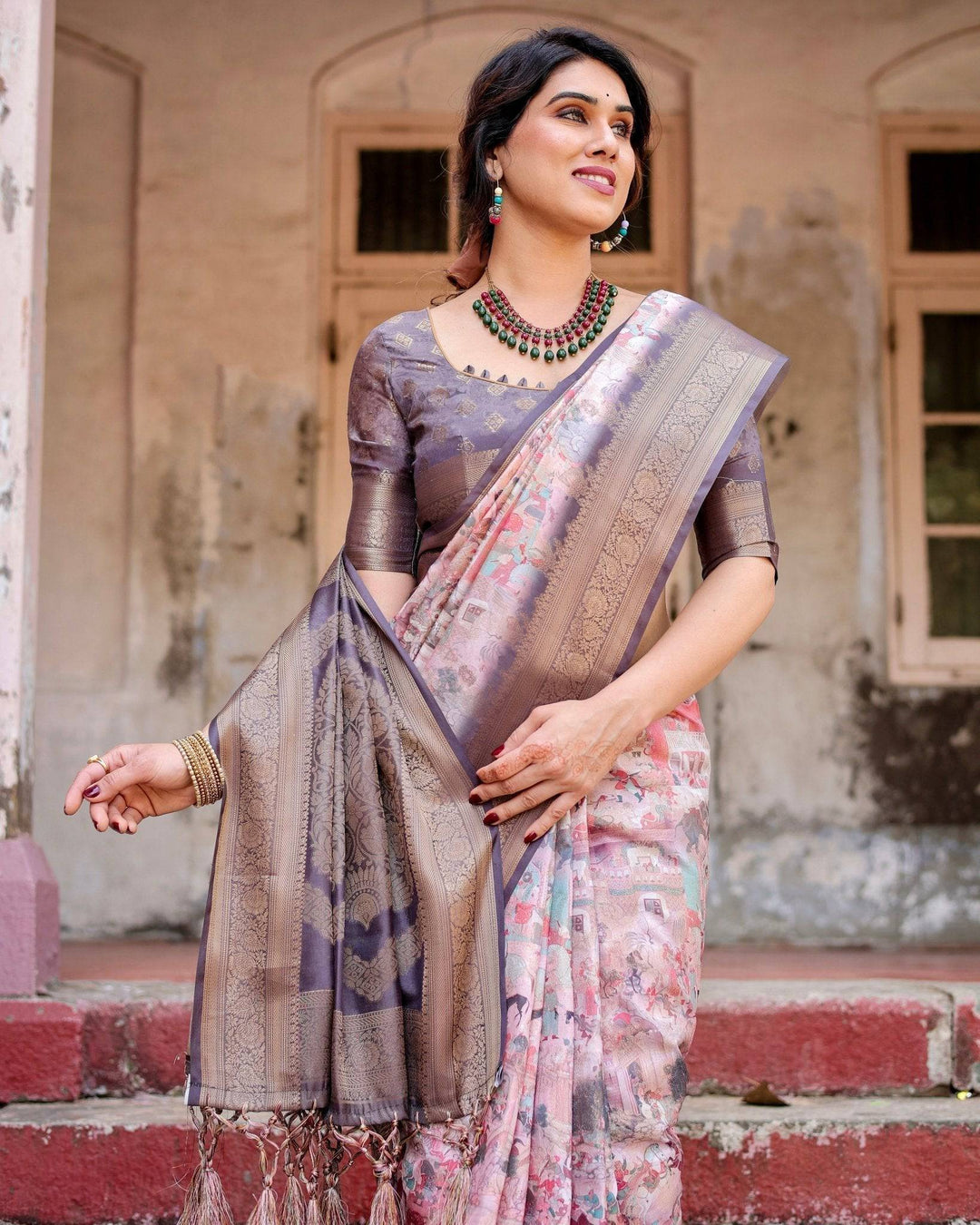 Graceful Lavender Banarasi Silk Saree with Regal Zari Weave and Tassel Detailing