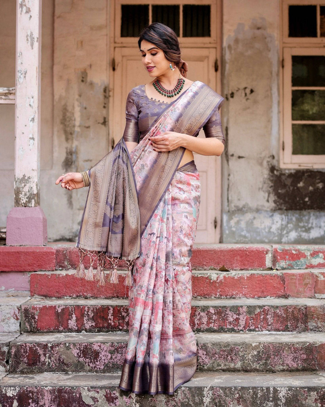 Graceful Lavender Banarasi Silk Saree with Regal Zari Weave and Tassel Detailing