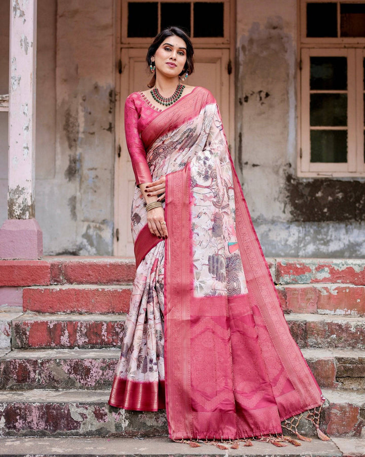 Graceful Fuchsia Pink Banarasi Silk Saree with Digital Forest Scenery Print & Zari Weave