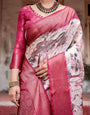 Graceful Fuchsia Pink Banarasi Silk Saree with Digital Forest Scenery Print & Zari Weave