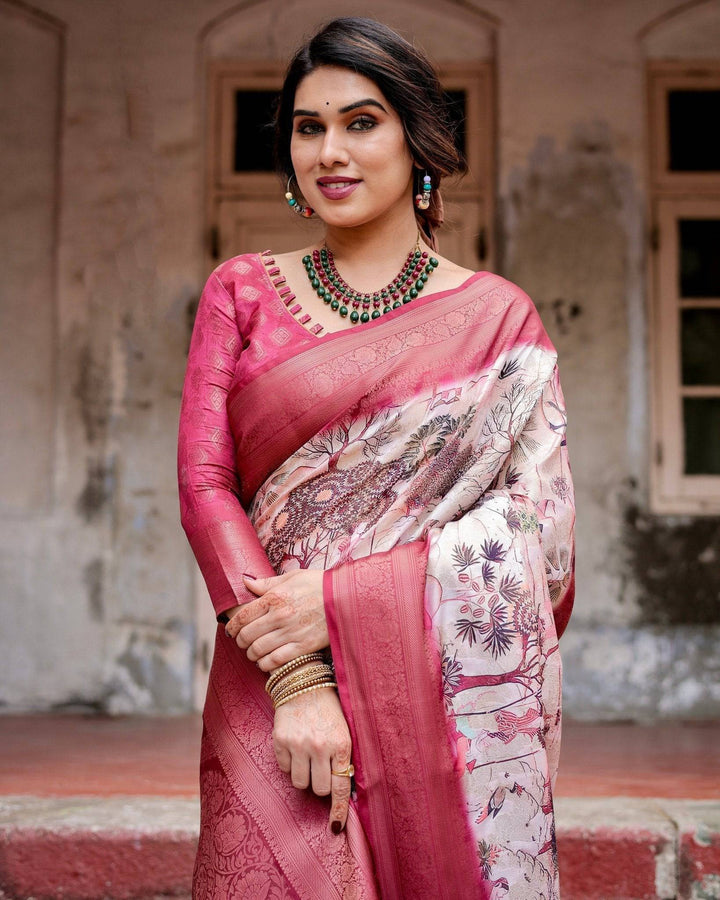 Graceful Fuchsia Pink Banarasi Silk Saree with Digital Forest Scenery Print & Zari Weave