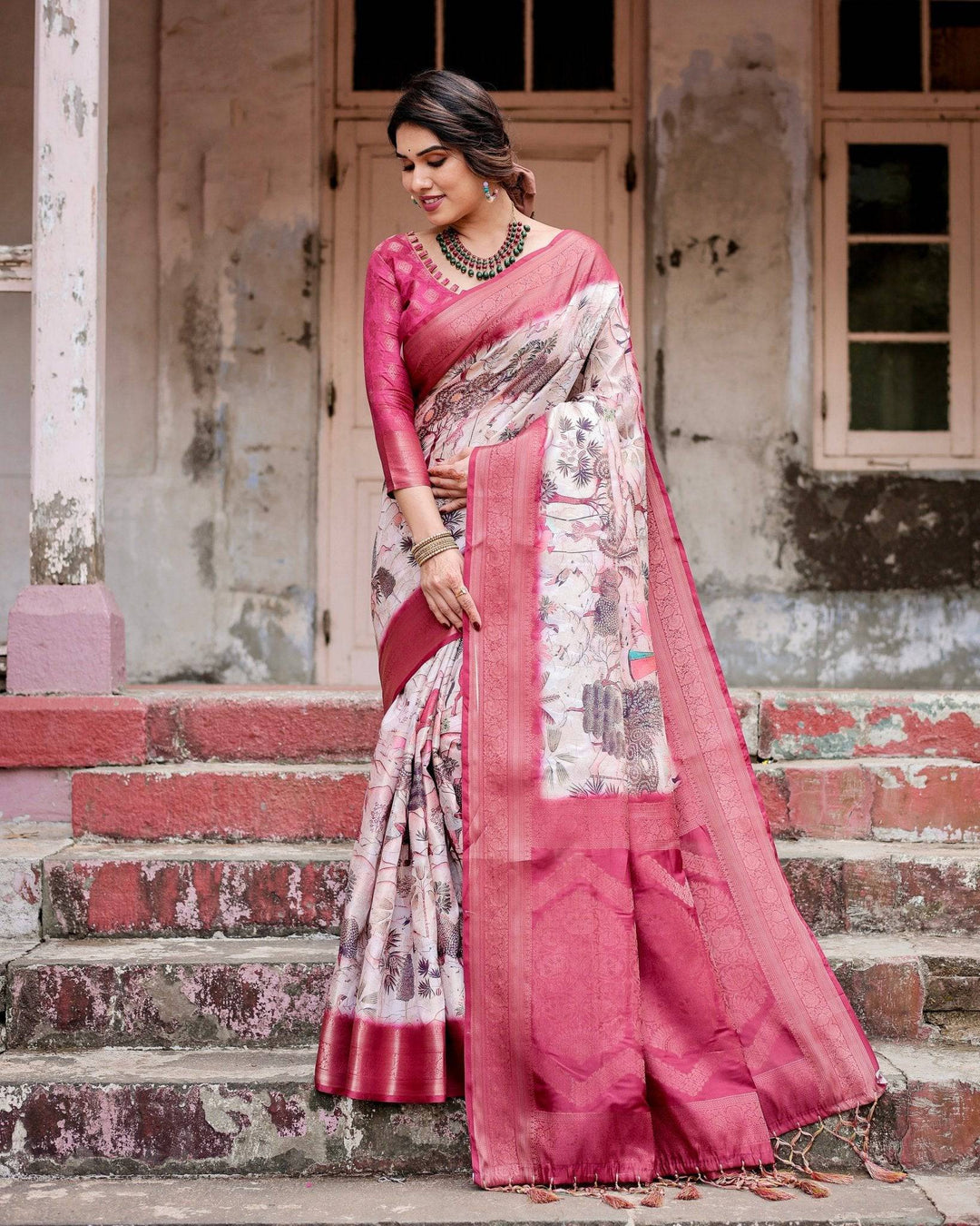 Graceful Fuchsia Pink Banarasi Silk Saree with Digital Forest Scenery Print & Zari Weave