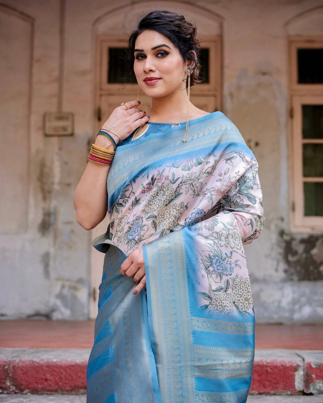 Elegant Floral Banarasi Silk Saree in Sky Blue and Blush Pink with Zari Weave and Tassels