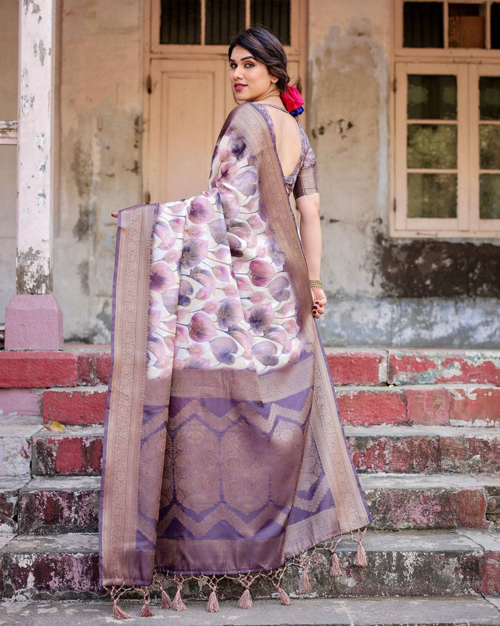 Elegant Purple Floral Banarasi Silk Saree with Intricate Zari Weave and Tassels