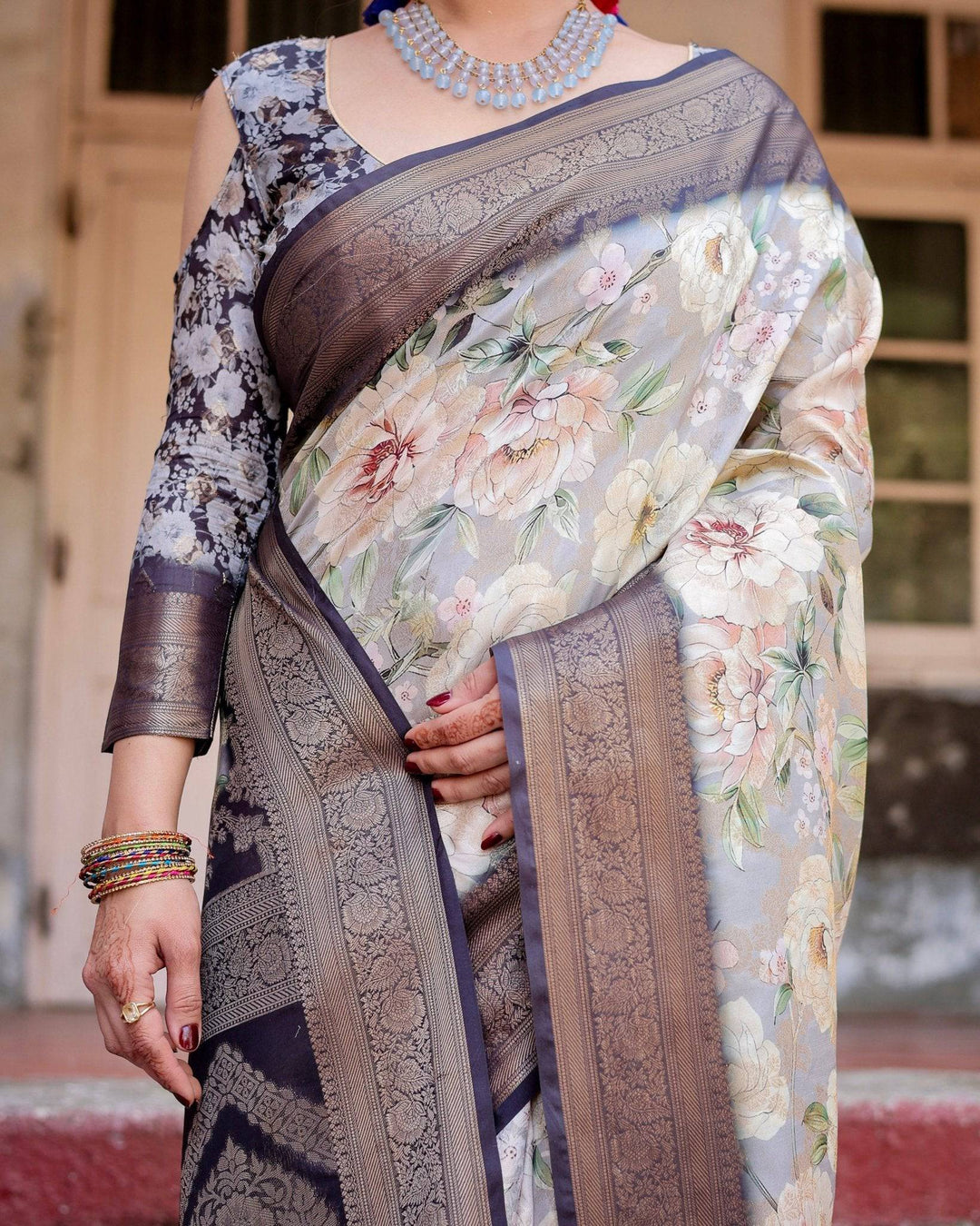 Elegant Gray Banarasi Silk Saree with Navy Blue Zari Weave, Floral Design, and Tassels