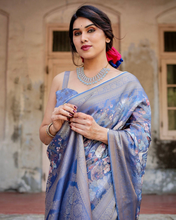 Majestic Blue Banarasi Silk Saree with Delicate Floral Zari Work and Tassel-Embellished Pallu