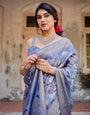 Majestic Blue Banarasi Silk Saree with Delicate Floral Zari Work and Tassel-Embellished Pallu