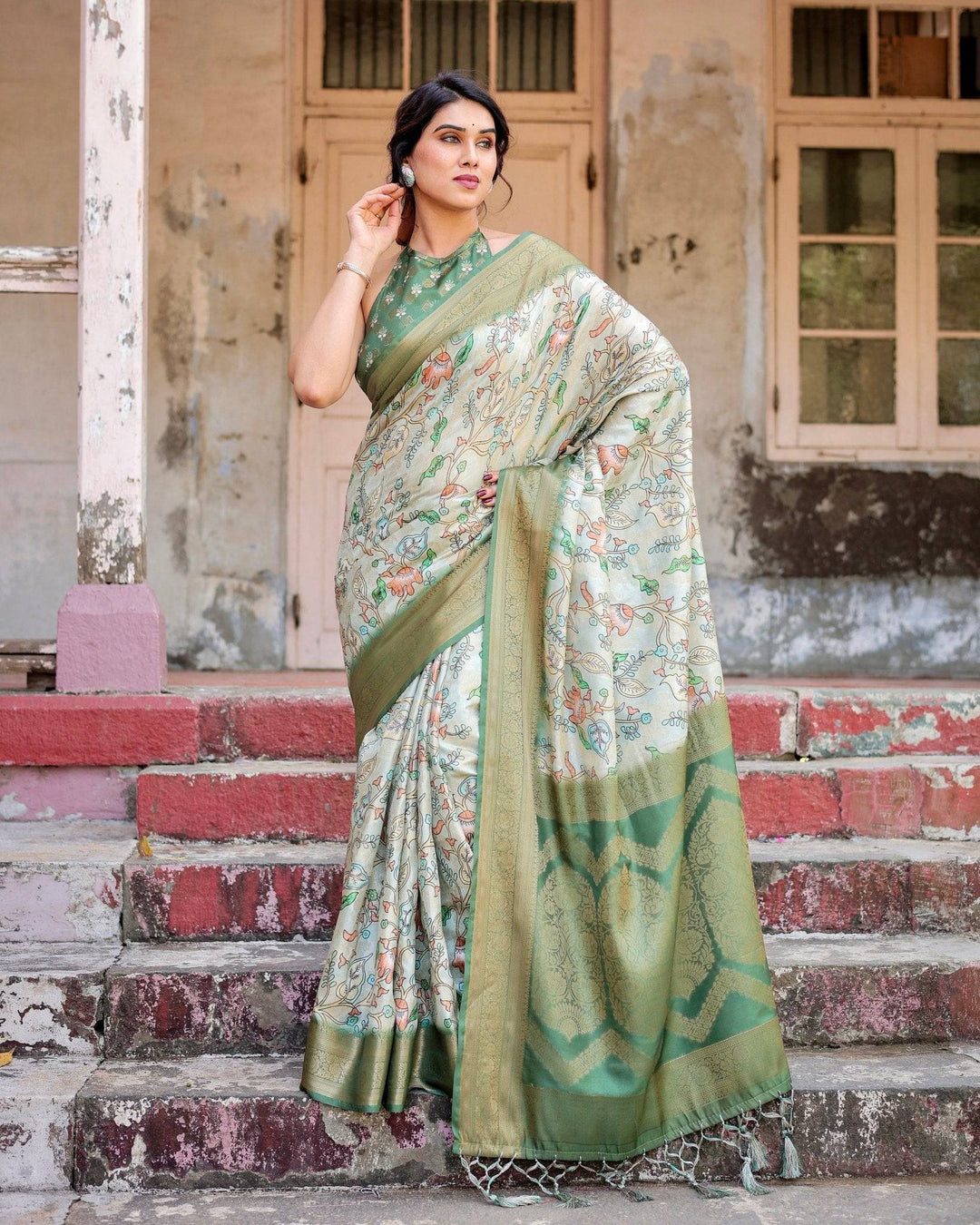 Timeless Green Banarasi Silk Saree with Zari Weaving and Tassels