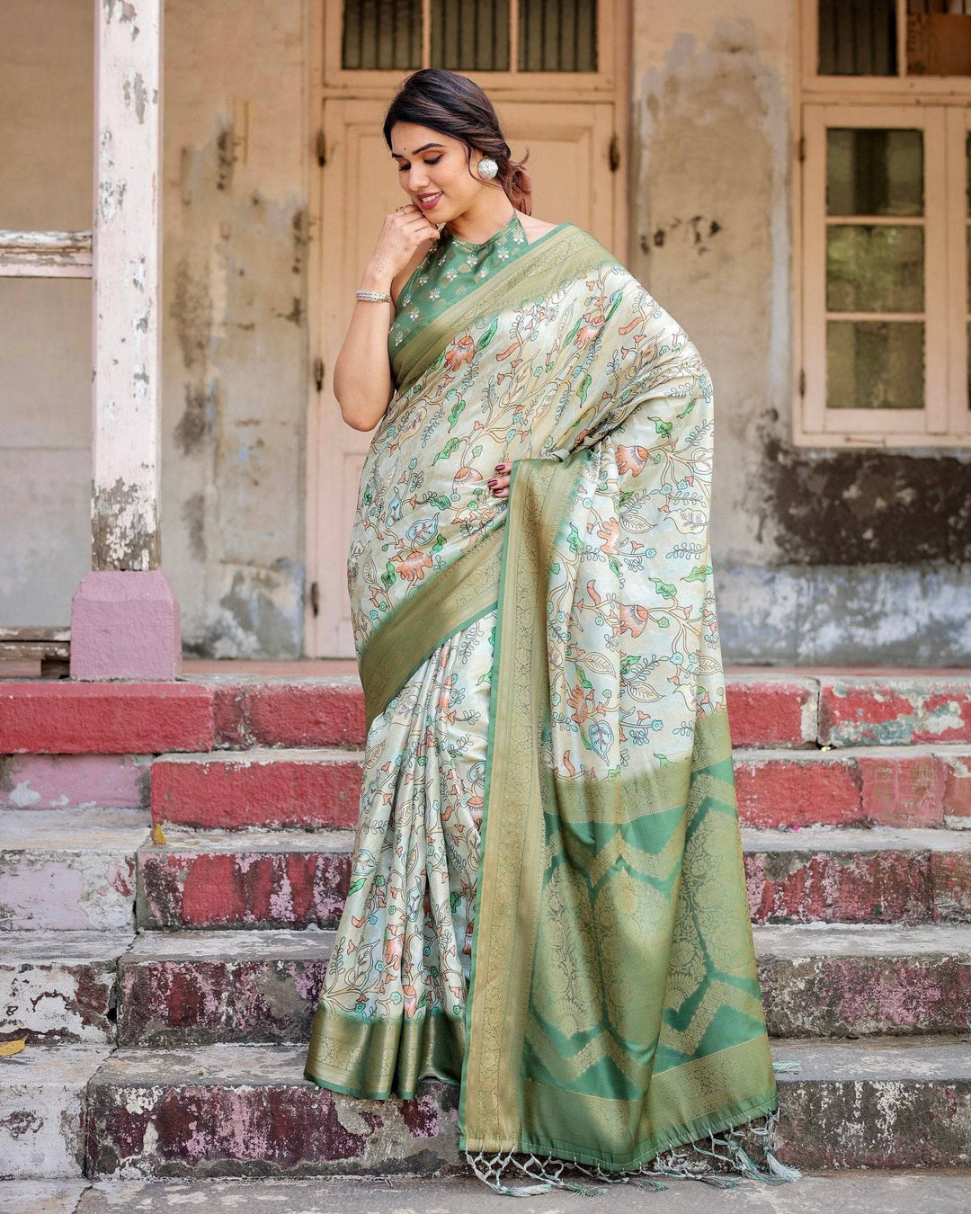 Timeless Green Banarasi Silk Saree with Zari Weaving and Tassels