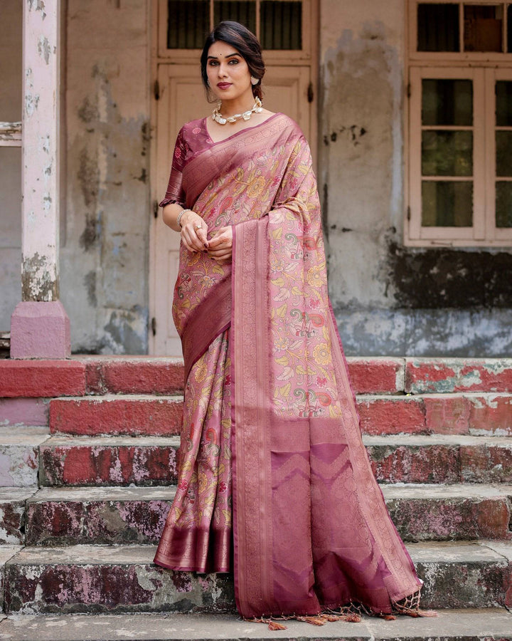 Elegant Pink Banarasi Silk Saree with Floral Zari Weaving and Tassel-Embellished Pallu