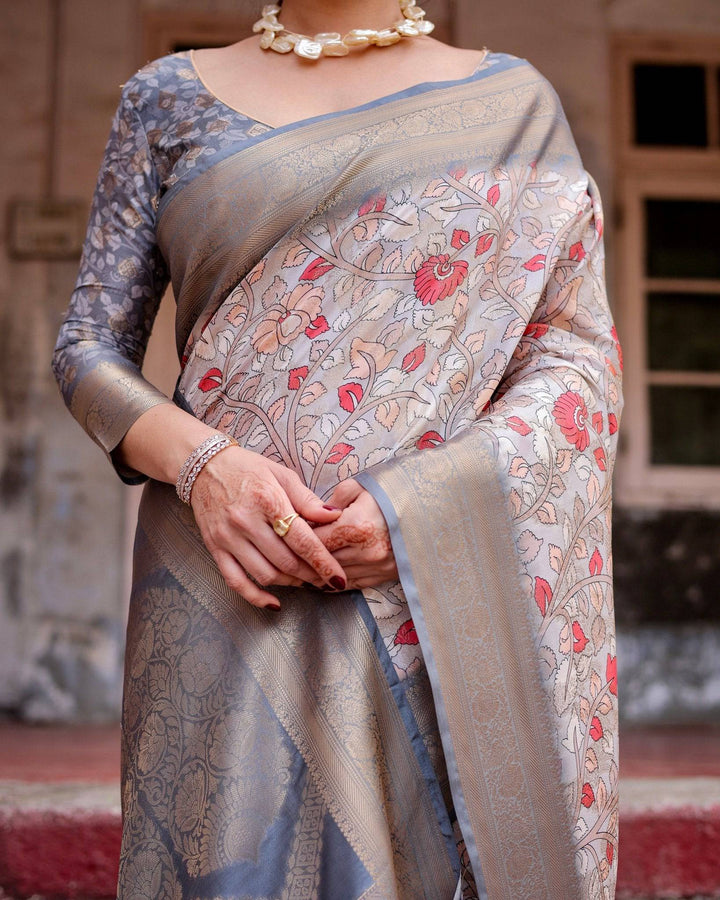 Elegant Grey Banarasi Silk Saree with Intricate Floral Design and Zari Weave