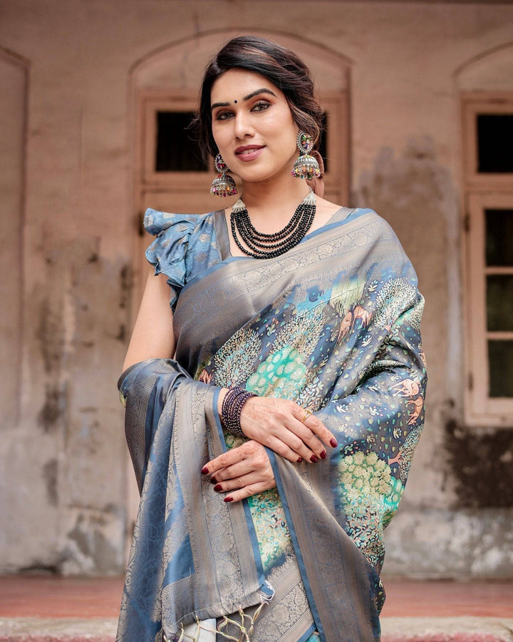 Graceful Navy Blue Banarasi Silk Saree with Nature-Inspired Digital Prints and Elegant Zari Woven Border