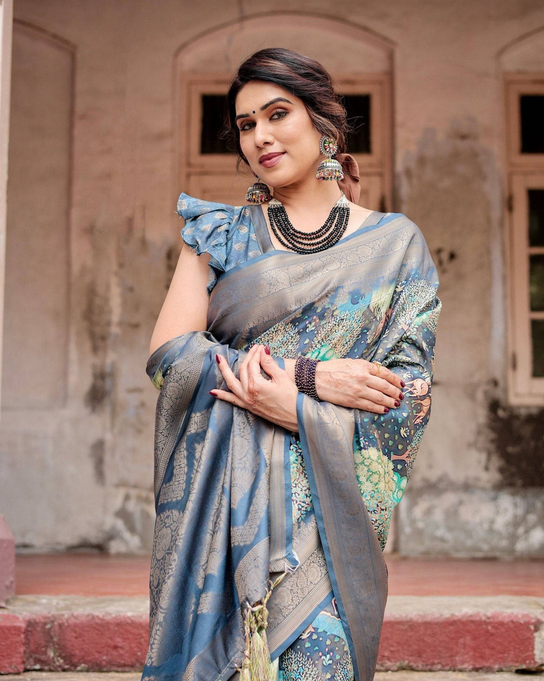 Graceful Navy Blue Banarasi Silk Saree with Nature-Inspired Digital Prints and Elegant Zari Woven Border