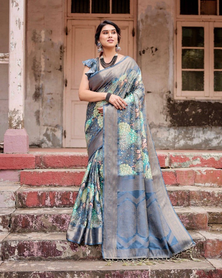 Graceful Navy Blue Banarasi Silk Saree with Nature-Inspired Digital Prints and Elegant Zari Woven Border