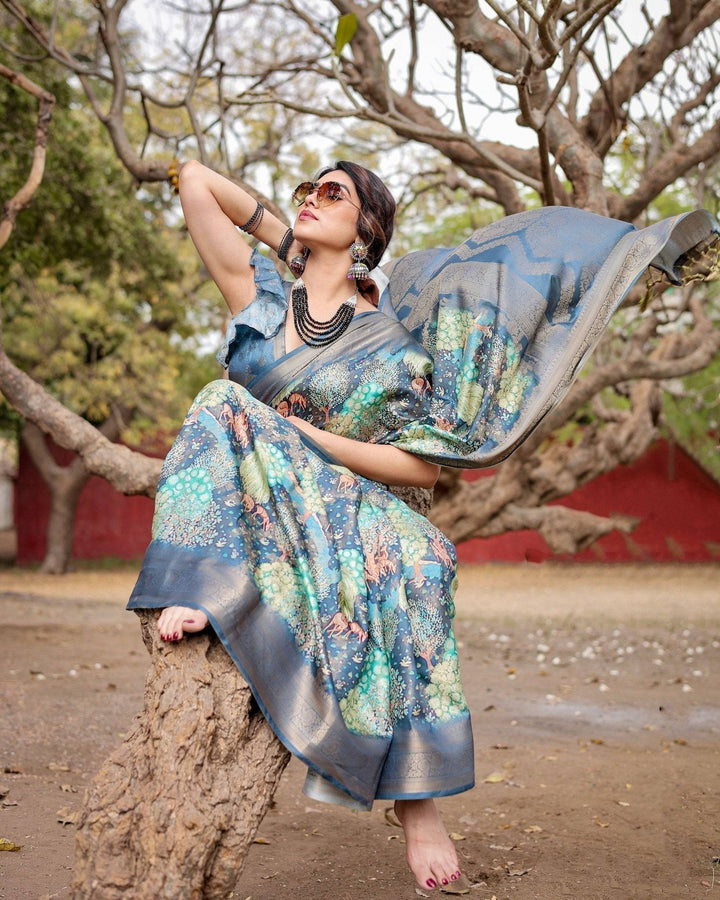 Graceful Navy Blue Banarasi Silk Saree with Nature-Inspired Digital Prints and Elegant Zari Woven Border