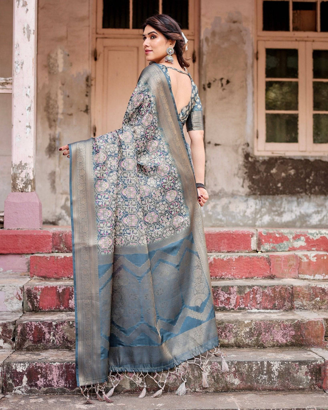 Elegant Blue and Grey Banarasi Silk Saree with Intricate Floral Patterns, Zari Woven Borders, and Tassel Accents