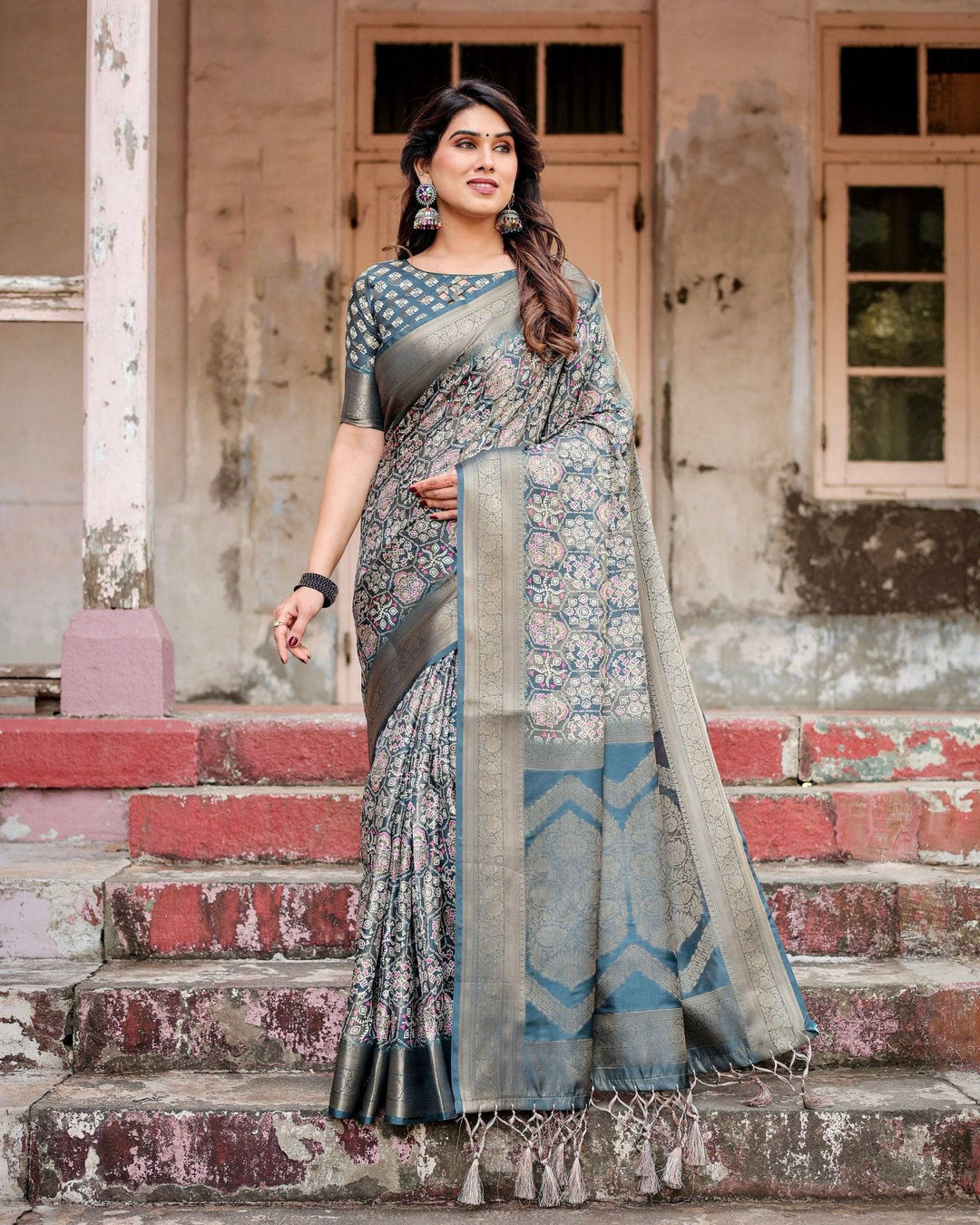 Elegant Blue and Grey Banarasi Silk Saree with Intricate Floral Patterns, Zari Woven Borders, and Tassel Accents