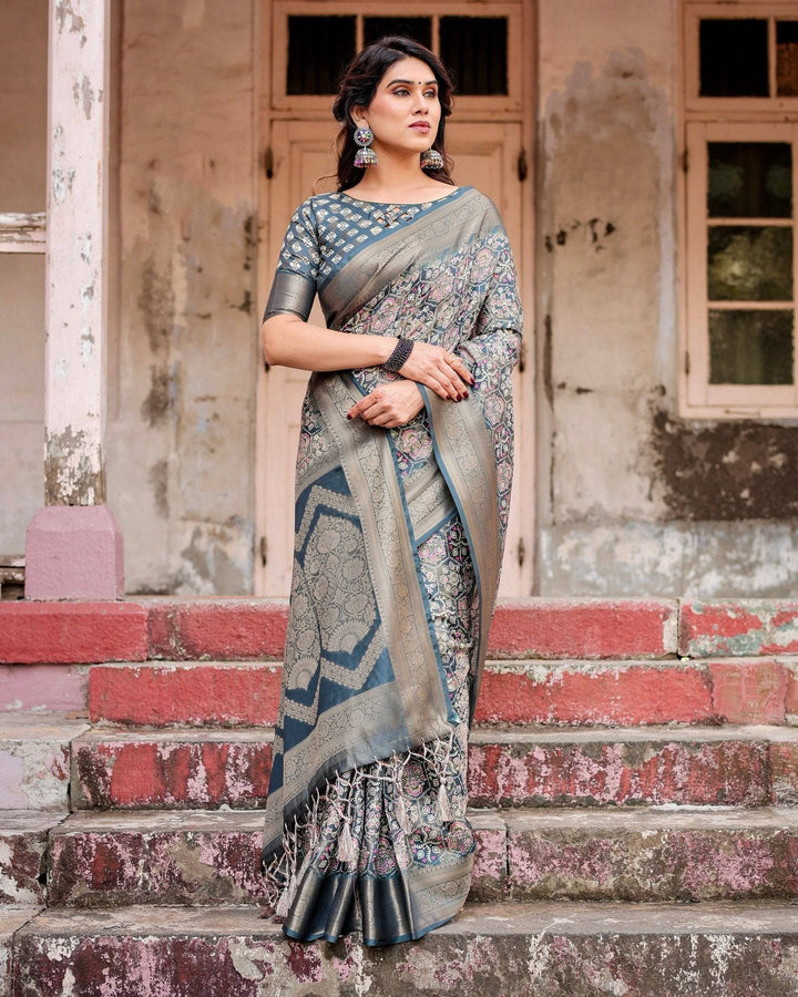 Elegant Blue and Grey Banarasi Silk Saree with Intricate Floral Patterns, Zari Woven Borders, and Tassel Accents