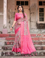 Elegant Pink Banarasi Silk Saree with Paisley Design, Zari Weaving, and Tassels