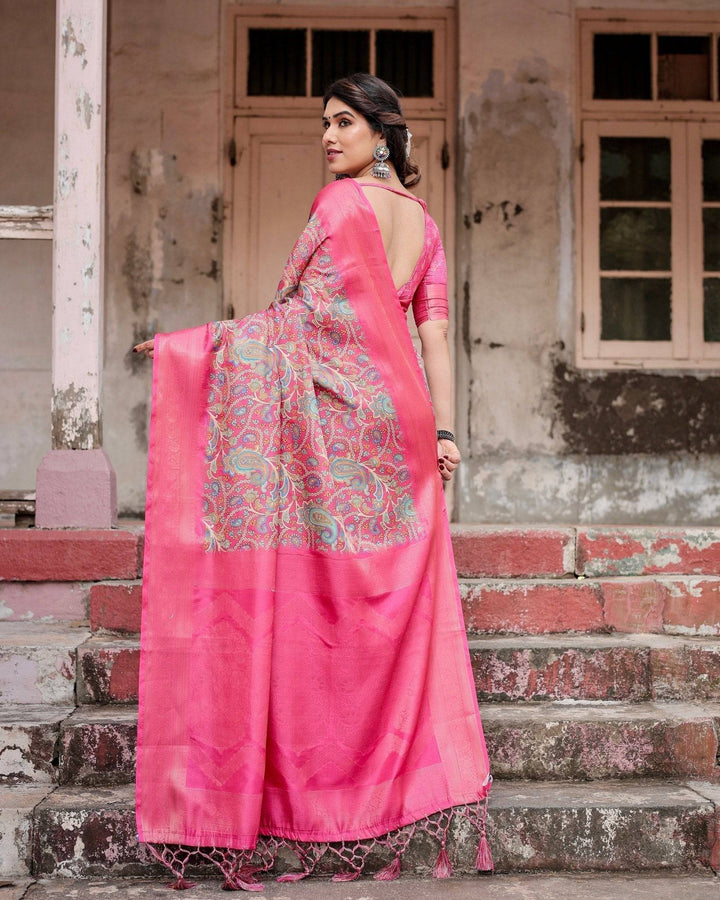 Elegant Pink Banarasi Silk Saree with Paisley Design, Zari Weaving, and Tassels