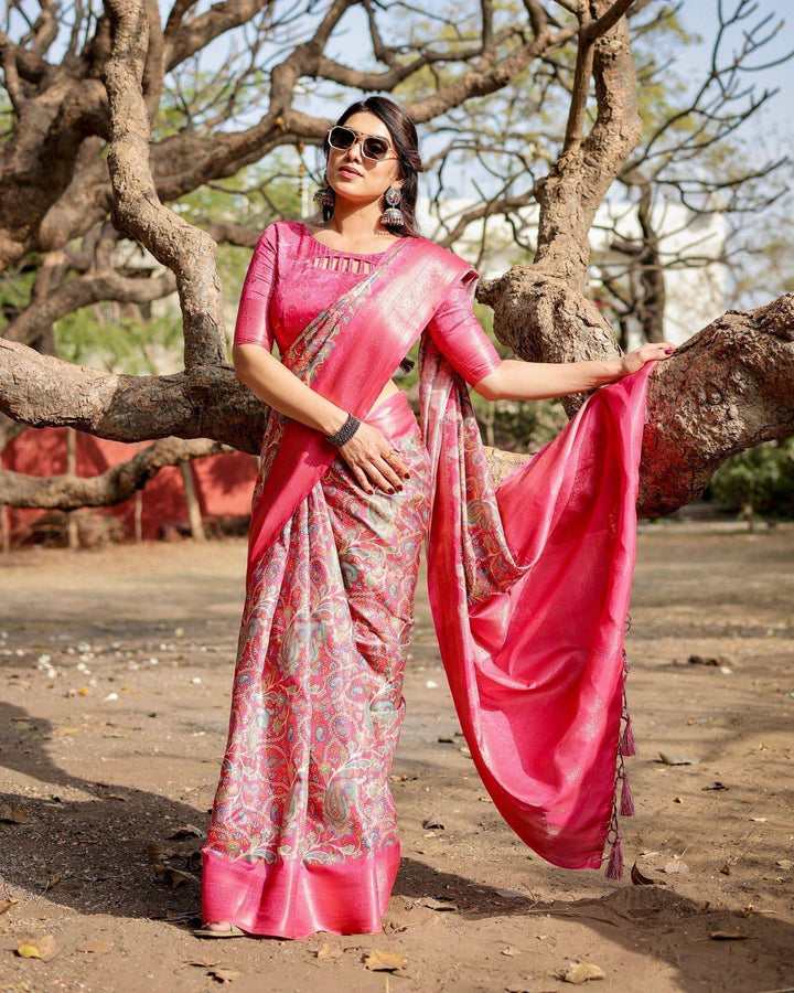 Elegant Pink Banarasi Silk Saree with Paisley Design, Zari Weaving, and Tassels