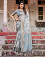 Elegant Pastel Blue Banarasi Silk Saree with Intricate Geometric Design and Zari Work Tassel Pallu