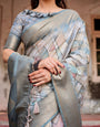 Elegant Pastel Blue Banarasi Silk Saree with Intricate Geometric Design and Zari Work Tassel Pallu