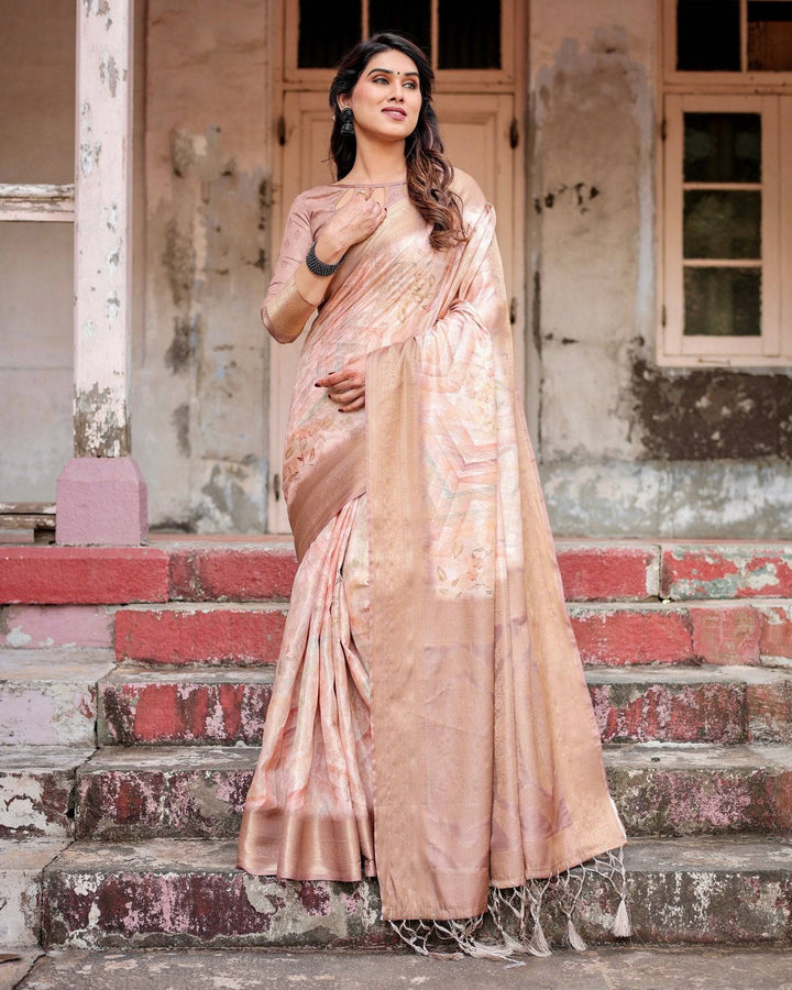 Elegant Beige Banarasi Silk Saree with Tassels and Zari Work