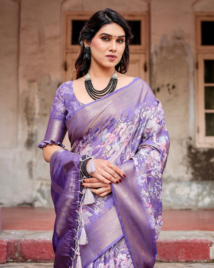 Elegant Purple Banarasi Silk Saree with Floral Weave, Zari Border, and Tassels