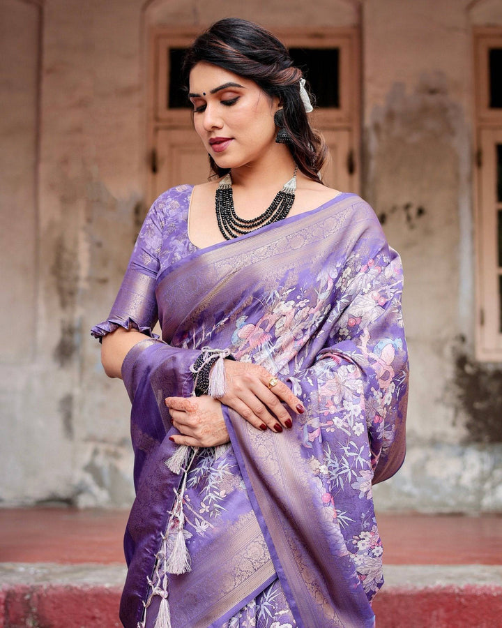 Elegant Purple Banarasi Silk Saree with Floral Weave, Zari Border, and Tassels