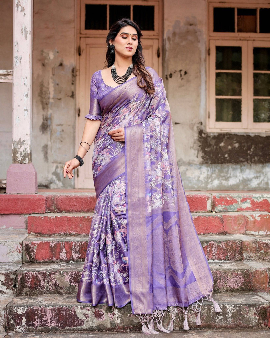 Elegant Purple Banarasi Silk Saree with Floral Weave, Zari Border, and Tassels