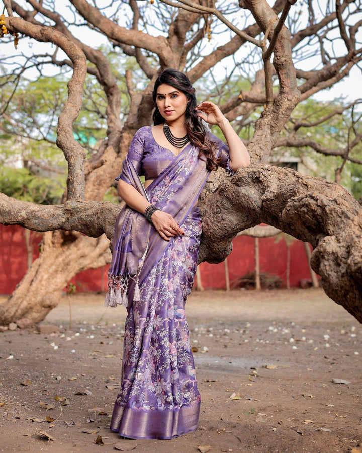 Elegant Purple Banarasi Silk Saree with Floral Weave, Zari Border, and Tassels