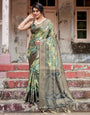 Green Banarasi Silk Saree with Lush Botanical Digital Print & Intricate Zari Border