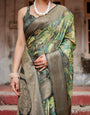 Green Banarasi Silk Saree with Lush Botanical Digital Print & Intricate Zari Border