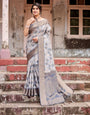 Grey Banarasi Silk Saree with Abstract Floral Print, Zari Border & Tassel Detailing