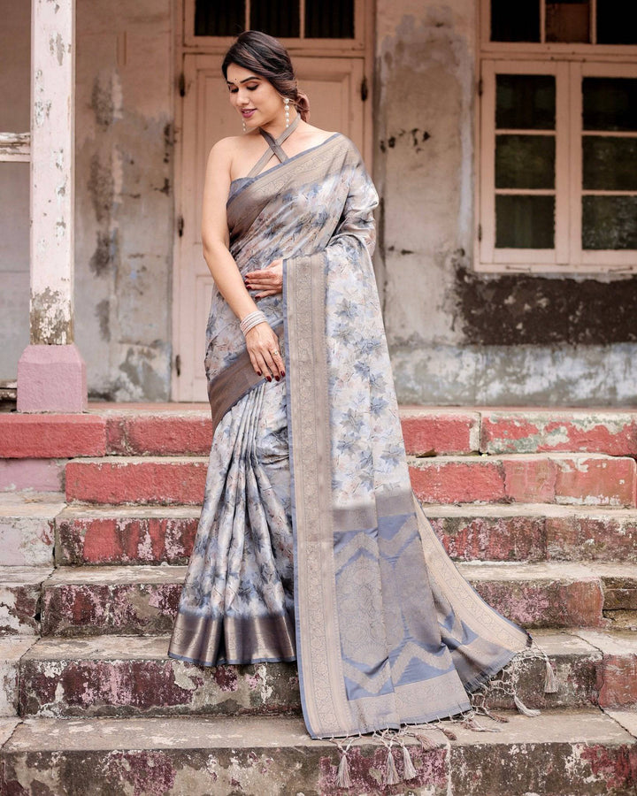 Grey Banarasi Silk Saree with Abstract Floral Print, Zari Border & Tassel Detailing