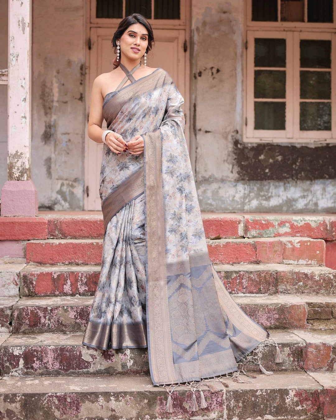 Grey Banarasi Silk Saree with Abstract Floral Print, Zari Border & Tassel Detailing