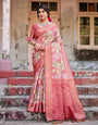 Graceful Peach and Pink Banarasi Silk Saree with Zari Weave and Tassels